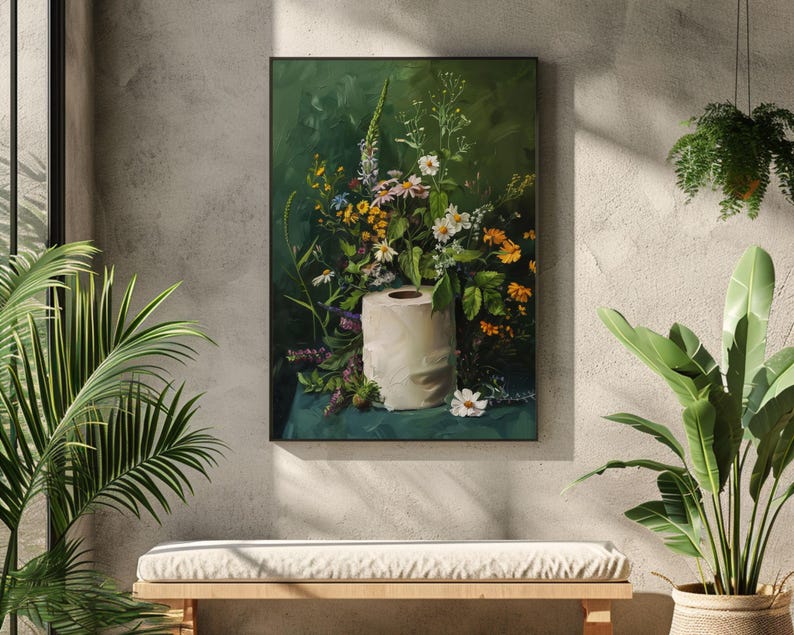 toilet paper art, bathroom wall art, bathroom wall decor, funny bathroom art, toilet wall art, bathroom wall art, botanical prints, botanical bathroom, green bathroom decor, dark bathroom decor, floral bathroom art, botanical wall art, moody wall art, cottagecore decor, dark cottagecore art, funny bathroom art, toilet painting, toilet art, moody green art, moody bathroom art, powder room art, guest bathroom art, toilet paper flowers, dark green painting, guest bath print, guest bathroom print
