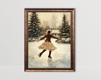 Ice Skating | Winter Wall Art, Girl Ice Skater Print, Vintage Skating Rink Painting, Rustic Snowy Landscape Prints, Christmas Printable Art