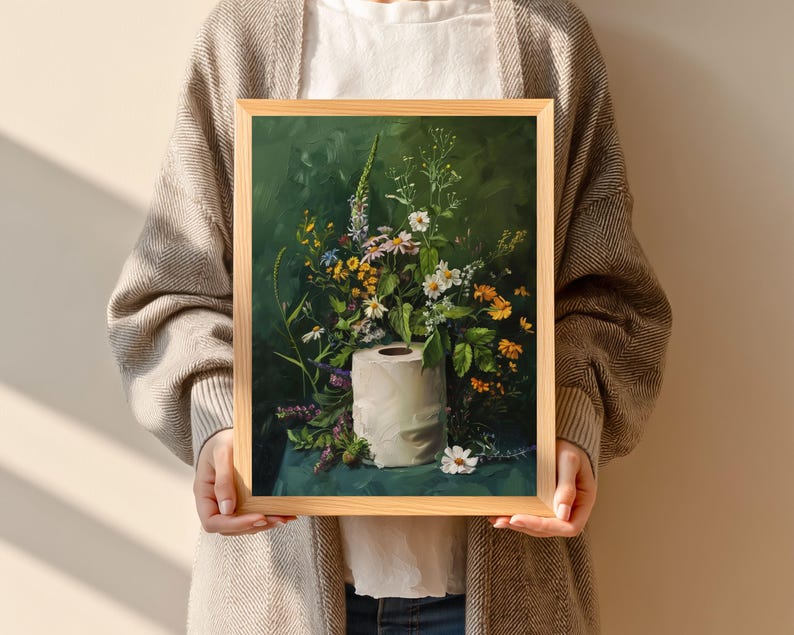 toilet paper art, bathroom wall art, bathroom wall decor, funny bathroom art, toilet wall art, bathroom wall art, botanical prints, botanical bathroom, green bathroom decor, dark bathroom decor, floral bathroom art, botanical wall art, moody wall art, cottagecore decor, dark cottagecore art, funny bathroom art, toilet painting, toilet art, moody green art, moody bathroom art, powder room art, guest bathroom art, toilet paper flowers, dark green painting, guest bath print, guest bathroom print