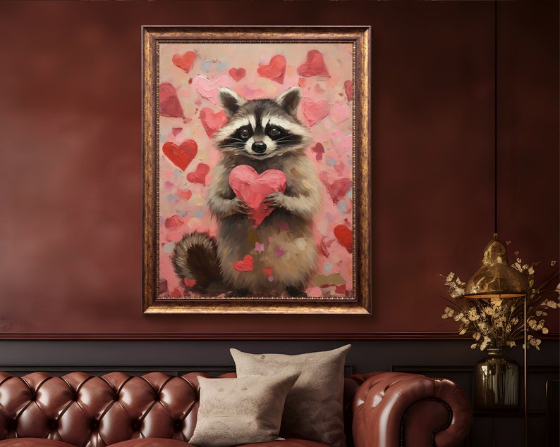 raccoon art print,raccoon valentine gifts,valentines wall art,valentine day gift, valentines printable,valentines prints,pink valentine decor,romantic art print,love wall art,pink bedroom decor,heart painting,pink heart art, funny anniversary gifts