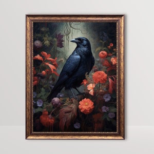 Zwarte Raaf | Donkere botanische gotische Cottagecore kunst, humeurige vintage schilderkunst, goth kunst aan de muur, donkere Academia print, bloemenkraai afdrukbaar decor