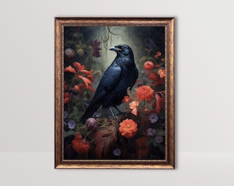 Corbeau noir | Dark Botanical Gothic Cottagecore Art, Moody vintage Painting, Goth Wall Art, Dark Academia Print, Floral Crow Printable Decor