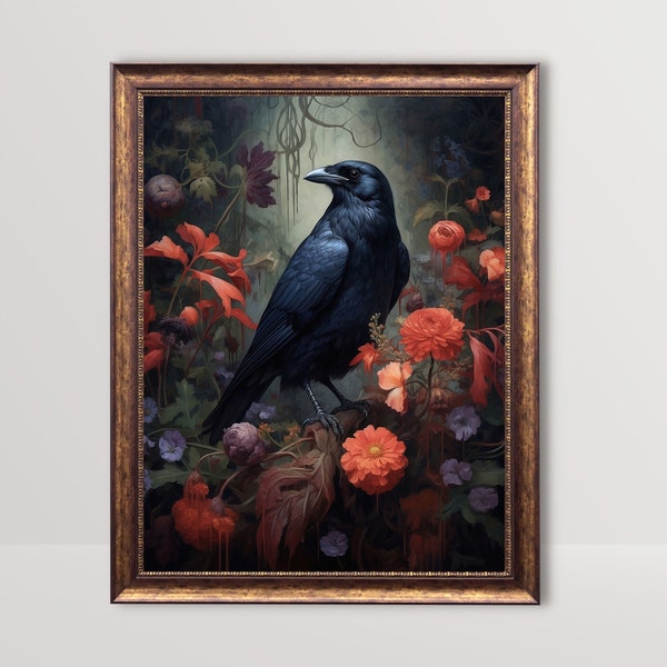 Zwarte Raaf | Donkere botanische gotische Cottagecore kunst, humeurige vintage schilderkunst, goth kunst aan de muur, donkere Academia print, bloemenkraai afdrukbaar decor