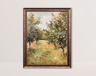 Apple Orchard | Rustic Country Oil Painting, Farmhouse Decor, Vintage Countryside Print Green Cottagecore Wall Art Farm Trees Printable Art