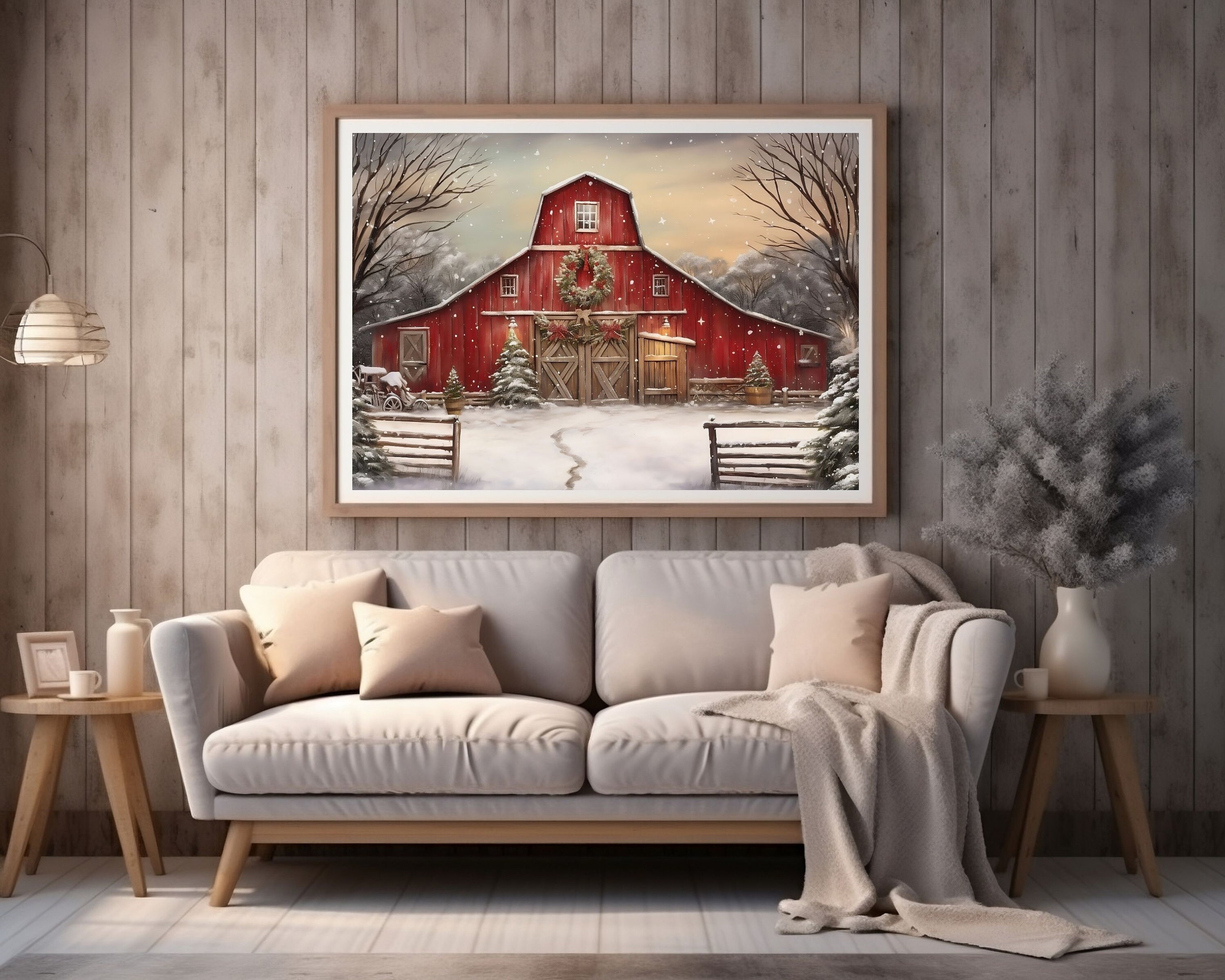 Christmas Farm Red Barn | Rustic Holiday Decor, Festive Wall Art ...