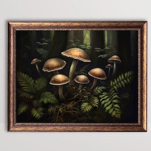 Forest Mushrooms | Dark Cottagecore Wall Art, Moody Botanical Painting, Rustic Cottage Room Decor,Goblincore Print, Green Academia Printable