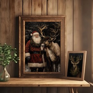dark christmas decor,moody christmas art,dark academia decor,santa reindeer print,reindeer wall art,santa wall art,black background art,vintage christmas,vintage santa claus reindeer print,santa printable,vintage winter print,dark academia santa