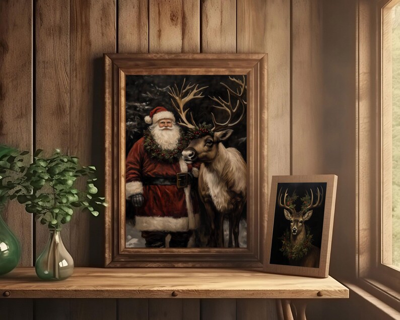 dark christmas decor,moody christmas art,dark academia decor,santa reindeer print,reindeer wall art,santa wall art,black background art,vintage christmas,vintage santa claus reindeer print,santa printable,vintage winter print,dark academia santa