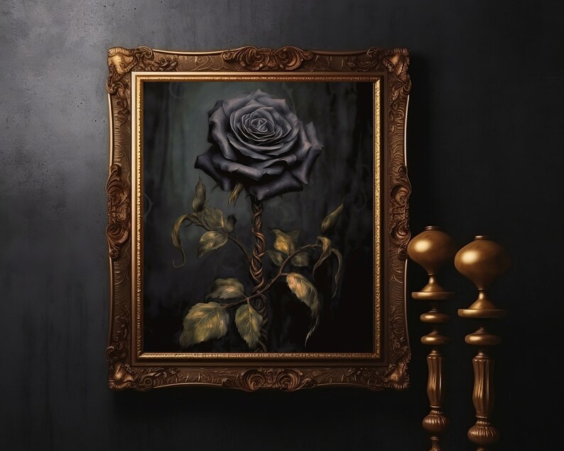 Black Rose | Dark Gothic Art Print, Moody Vintage Oil Painting, Dark Victorian Coquette Room Decor, Goth Wall Art, Cottagecore Aesthetic image 6