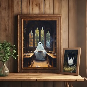 ghost in library cute ghost art, spooky wall art, adorable creepy ghost painting, whimsigoth print, victorian gothic vintage poster, gothic room decor, goth wall art, dark academia prints,halloween sheet ghost printable, bookish ghost booklover gift