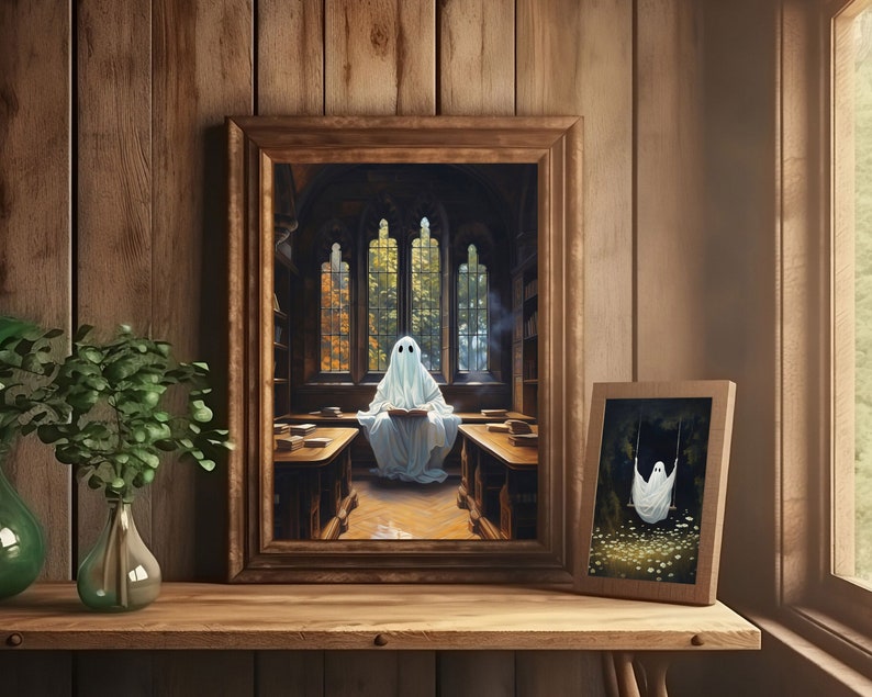 ghost in library cute ghost art, spooky wall art, adorable creepy ghost painting, whimsigoth print, victorian gothic vintage poster, gothic room decor, goth wall art, dark academia prints,halloween sheet ghost printable, bookish ghost booklover gift