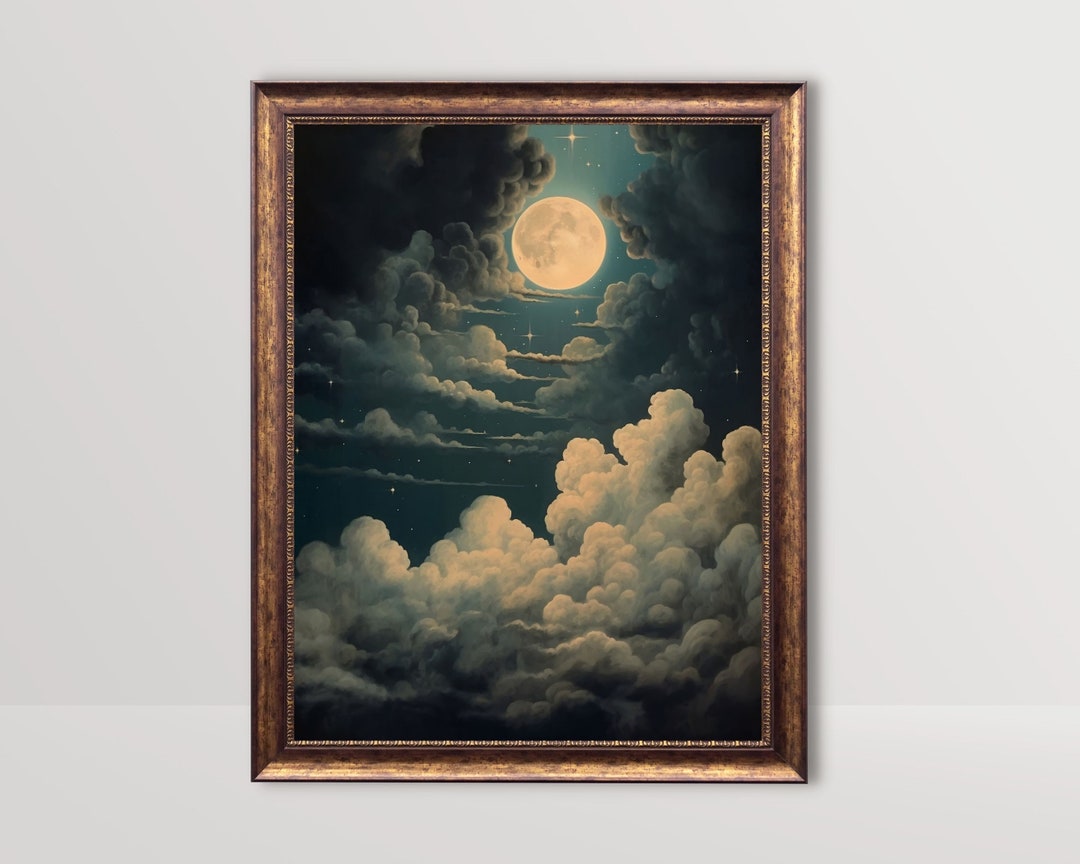 Moon and Clouds | Vintage Celestial Wall Art, Moody Night Sky Painting ...