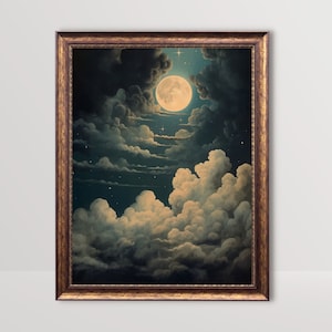 Moon and Clouds | Vintage Celestial Wall Art, Moody Night Sky Painting, Dark Academia Print, Moon and Stars Wall Decor, Witchy Aesthetic