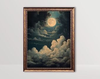 May include: A framed painting of a full moon shining through a layer of clouds in a dark blue night sky. The moon is a bright yellow color and the clouds are a soft white. The painting is framed in a gold frame.