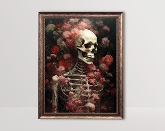 Floral Skeleton Portrait | Gothic Flower Skull Print, Moody Dark Oil Painting, Vintage Cottagecore Goth Wall Art Botanical Sugar Skull Decor