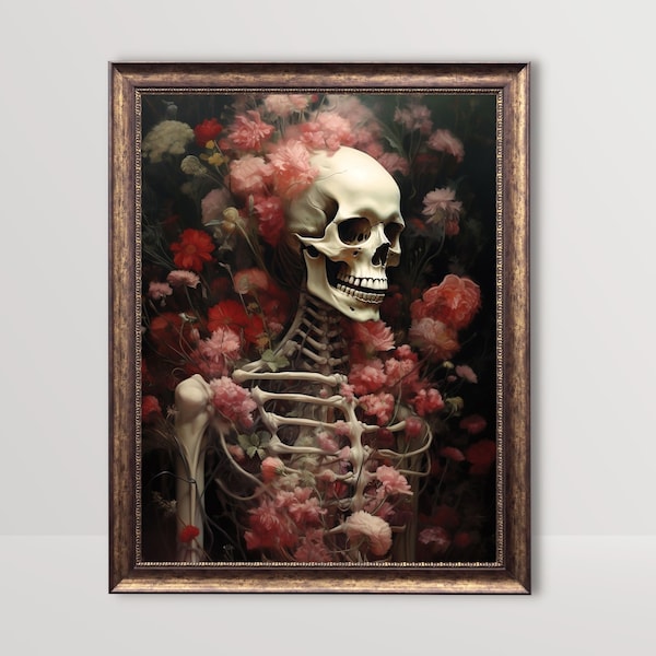 Florales Skelett Portrait | Gothic Flower Skull Print, stimmungsvolles dunkles Ölgemälde, Vintage Cottagecore Goth Wand Kunst botanischer Sugar Skull Decor