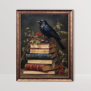 Christmas Raven on Books | Dark Academia Wall Art, Gothic Crow Painting, Festive Rustic Holiday Decor, Moody Winter Print, Xmas Printable