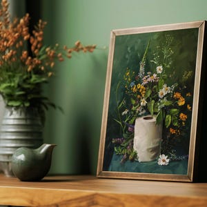 toilet paper art, bathroom wall art, bathroom wall decor, funny bathroom art, toilet wall art, bathroom wall art, botanical prints, botanical bathroom, green bathroom decor, dark bathroom decor, floral bathroom art, botanical wall art, moody wall art, cottagecore decor, dark cottagecore art, funny bathroom art, toilet painting, toilet art, moody green art, moody bathroom art, powder room art, guest bathroom art, toilet paper flowers, dark green painting, guest bath print, guest bathroom print