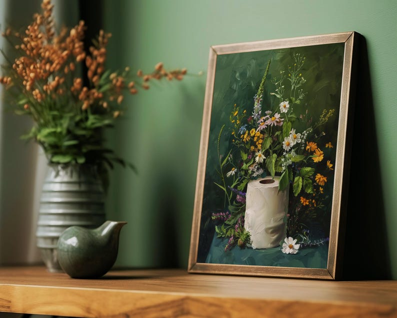 toilet paper art, bathroom wall art, bathroom wall decor, funny bathroom art, toilet wall art, bathroom wall art, botanical prints, botanical bathroom, green bathroom decor, dark bathroom decor, floral bathroom art, botanical wall art, moody wall art, cottagecore decor, dark cottagecore art, funny bathroom art, toilet painting, toilet art, moody green art, moody bathroom art, powder room art, guest bathroom art, toilet paper flowers, dark green painting, guest bath print, guest bathroom print