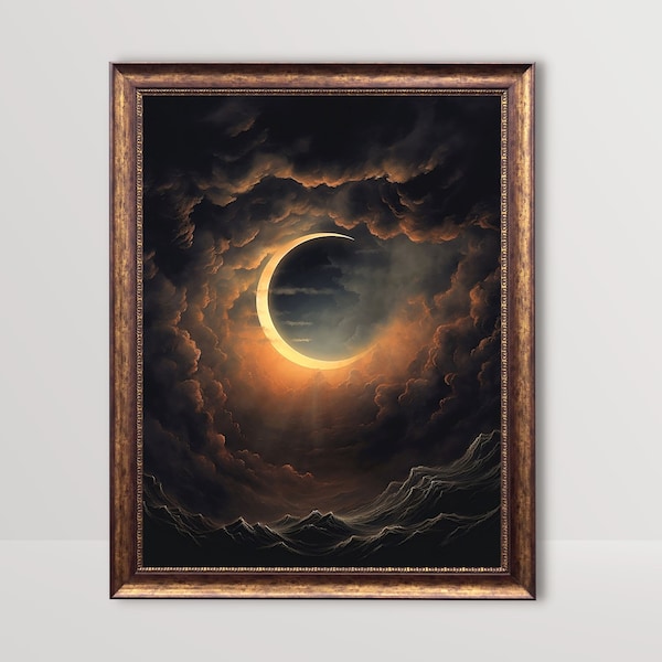 Celestial Eclipse | Dark Aesthetic, Solar Lunar Eclipse Vintage Painting, Gothic Room Decor, Witchy Printable, Goth Wall Art, Sun Moon Print