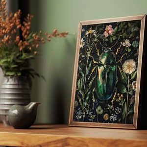 beetle wall art,green beetle art print,insect wall art,dark academia prints,dark green art,dark botanical art,moody goth wall art,moody art printable,dark floral print,gothic room decor,goth cottagecore decor,beetle bug poster,vintage insect prints