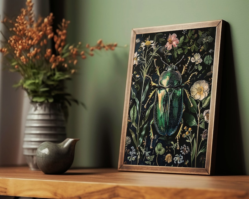 beetle wall art,green beetle art print,insect wall art,dark academia prints,dark green art,dark botanical art,moody goth wall art,moody art printable,dark floral print,gothic room decor,goth cottagecore decor,beetle bug poster,vintage insect prints