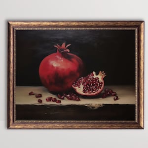 Pomegranate | Still Life Oil Painting, Kitchen Wall Art, Moody Fruit Print, Vintage Red Garnet Printable Decor, Dark Minimalist Aesthetic