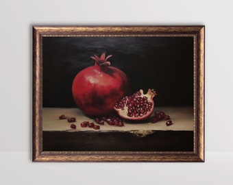 Pomegranate | Still Life Oil Painting, Kitchen Wall Art, Moody Fruit Print, Vintage Red Garnet Printable Decor, Dark Minimalist Aesthetic
