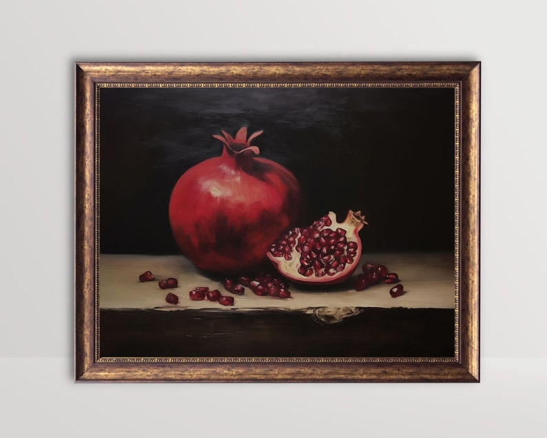 Pomegranate Still Life Oil Painting, Kitchen Wall Art, Moody Fruit Print, Vintage Red Garnet Printable Decor, Dark Minimalist Aesthetic zdjęcie 1