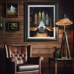 ghost in library cute ghost art, spooky wall art, adorable creepy ghost painting, whimsigoth print, victorian gothic vintage poster, gothic room decor, goth wall art, dark academia prints,halloween sheet ghost printable, bookish ghost booklover gift