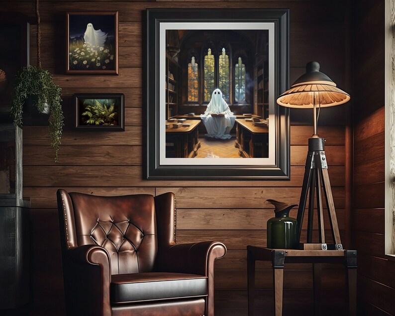 ghost in library cute ghost art, spooky wall art, adorable creepy ghost painting, whimsigoth print, victorian gothic vintage poster, gothic room decor, goth wall art, dark academia prints,halloween sheet ghost printable, bookish ghost booklover gift