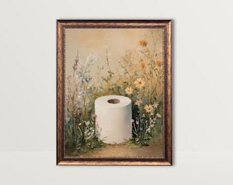 Toilet Paper | Bathroom Wall Art, Beige Farmhouse Toilet Print Earth Tone Flowers Neutral Powder Room Prints Fun Restroom Painting Printable