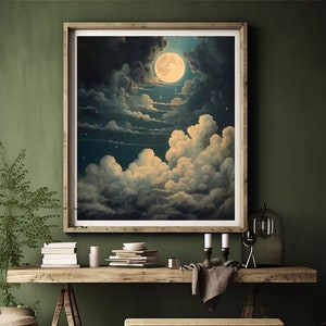 Moon and Clouds | Vintage Celestial Wall Art, Moody Night Sky Painting ...