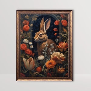 Goth Rabbit and Flowers | Dark Cottagecore Art, Gothic Floral Print, Hare Wall Art, Witchy Room Decor Printable Moody Bunny Vintage Painting