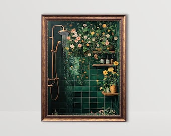 Botanical Shower | Floral Bathroom Wall Art Moody Wildflowers Bath Print Dark Green Prints Cottagecore Decor Plants Flowers Vintage Painting