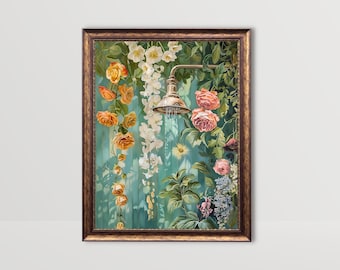 Bloemendouche | Botanische badmuurkunst, badkamerprints, saliegroen cottagecore-print, wasruimtedecor planten bloemen schilderij afdrukbaar