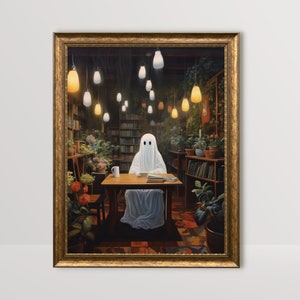 ghost with books botanical coffee shop bookstore,spooky adorable creepy art oil painting,whimsigoth gothic ghost poster,goth cottagecore wall art, dark academia halloween prints, sheet ghost library cute creepy printable,bookish ghost, booklover gift