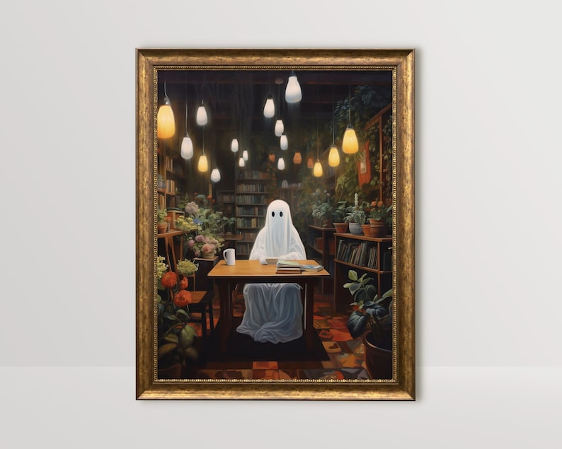 ghost with books botanical coffee shop bookstore,spooky adorable creepy art oil painting,whimsigoth gothic ghost poster,goth cottagecore wall art, dark academia halloween prints, sheet ghost library cute creepy printable,bookish ghost, booklover gift