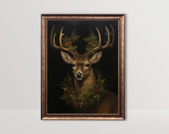 Majestic Christmas Reindeer | Festive Wall Art, Rustic Holiday Decor Dark Winter Print Vintage Moody Oil Painting Gothic Deer Xmas Printable