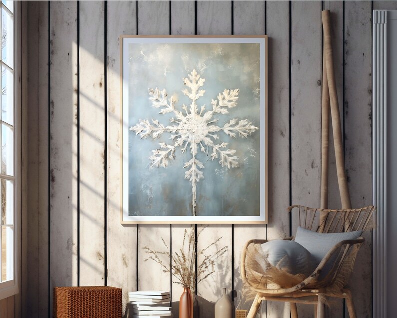 snowflake wall art, blue snowflake painting art print,rustic christmas winter printable,xmas printable,winter wall art,vintage winter oil painitng,festive home decor,snowflakes printables,rustic holiday wall decor,farmhouse christmas,xmas decorations
