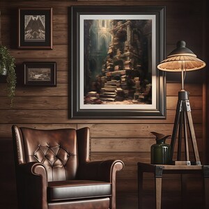 May include: A dark wood room with a brown leather armchair, a wooden side table, and a black floor lamp with a white shade. A framed painting of a stone structure with a staircase hangs on the wall.