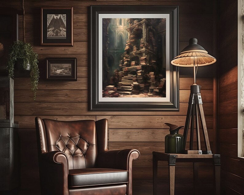 May include: A dark wood room with a brown leather armchair, a wooden side table, and a black floor lamp with a white shade. A framed painting of a stone structure with a staircase hangs on the wall.