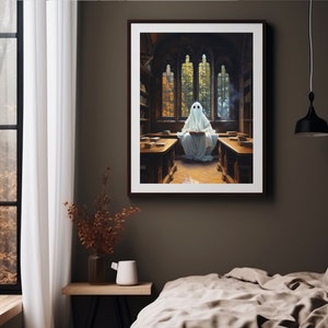 ghost in library cute ghost art, spooky wall art, adorable creepy ghost painting, whimsigoth print, victorian gothic vintage poster, gothic room decor, goth wall art, dark academia prints,halloween sheet ghost printable, bookish ghost booklover gift