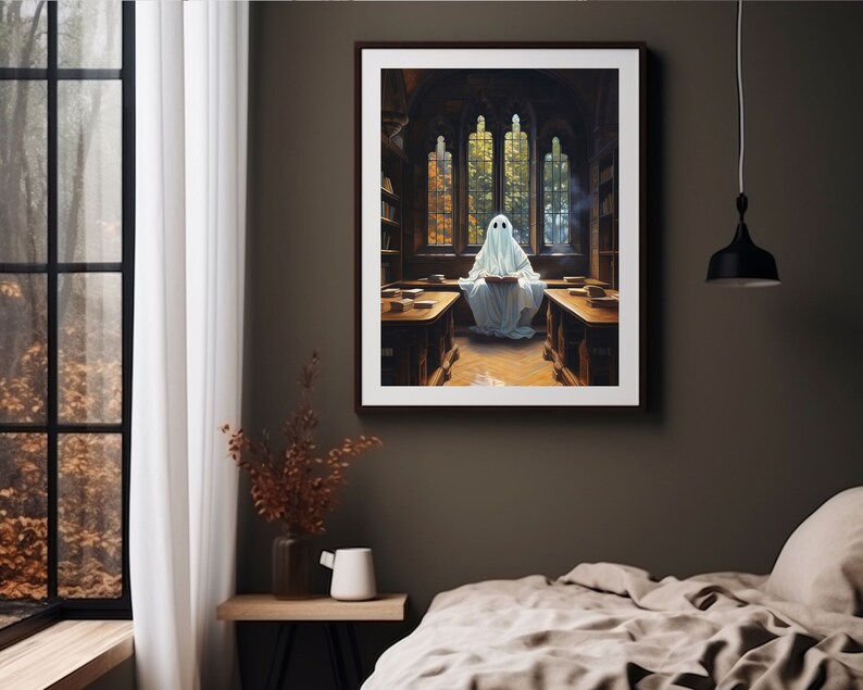 ghost in library cute ghost art, spooky wall art, adorable creepy ghost painting, whimsigoth print, victorian gothic vintage poster, gothic room decor, goth wall art, dark academia prints,halloween sheet ghost printable, bookish ghost booklover gift