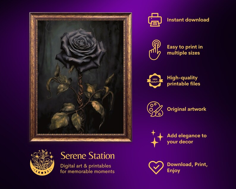 May include: A digital art print of a single black rose with a dark background. The rose is depicted with a detailed, realistic style. The print is framed in a gold frame.