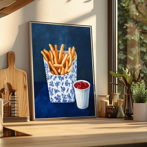 trendy blue prints,blue kitchen prints,fast food art,dorm wall decor,retro wall art,french fries art,french fries painting,funny snack prints,kitchen wall art,food wall art,funny food prints,fun kitchen art,still life wall art,still life painting,bar cart decor,moody kitchen decor,dark kitchen art,kitchen wall decor, moody kitchen print, moody kitchen art,food art print,fun kitchen art, still life prints,bar cart print,bar cart art,funny kitchen art,foodie wall art,nautical wall art