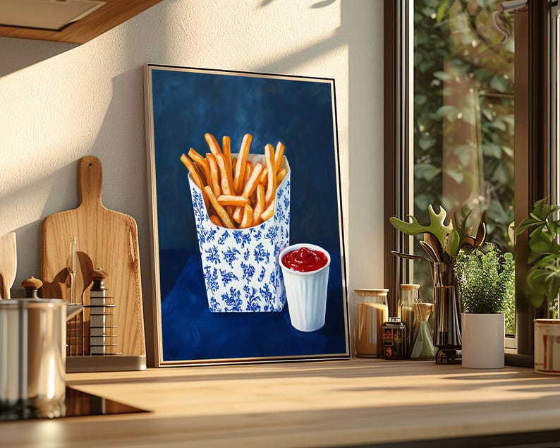 trendy blue prints,blue kitchen prints,fast food art,dorm wall decor,retro wall art,french fries art,french fries painting,funny snack prints,kitchen wall art,food wall art,funny food prints,fun kitchen art,still life wall art,still life painting,bar cart decor,moody kitchen decor,dark kitchen art,kitchen wall decor, moody kitchen print, moody kitchen art,food art print,fun kitchen art, still life prints,bar cart print,bar cart art,funny kitchen art,foodie wall art,nautical wall art