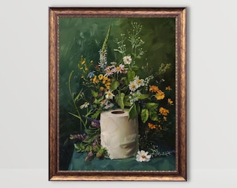 Toilet Paper Roll | Dark Green Bathroom Decor, Floral Bath Wall Art, Vintage Flowers Painting, Moody Wildflowers Botanical Cottagecore Print