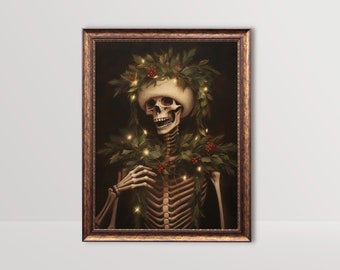 Festive Skeleton | Dark Academia Wall Art, Gothic Christmas Painting, Goth Holiday Decor Vintage Moody Winter Print Xmas Printable Art Gifts