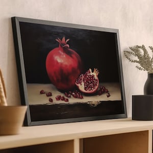 Pomegranate Still Life Oil Painting, Kitchen Wall Art, Moody Fruit Print, Vintage Red Garnet Printable Decor, Dark Minimalist Aesthetic zdjęcie 6